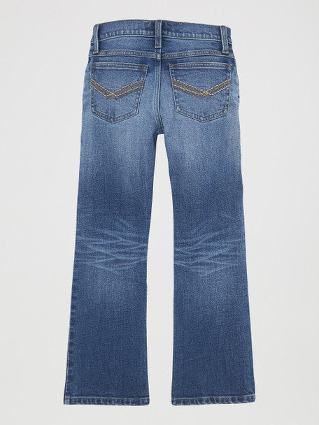 Back view of boys' vintage blue denim jeans with decorative rear pockets