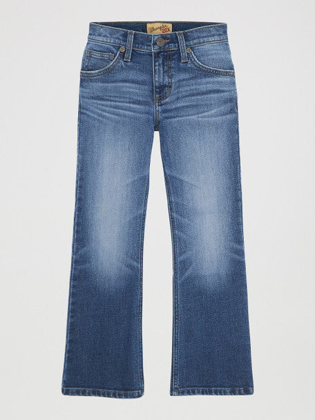 Boys vintage blue denim jeans with bootcut fit and light fading, laid flat on white background.