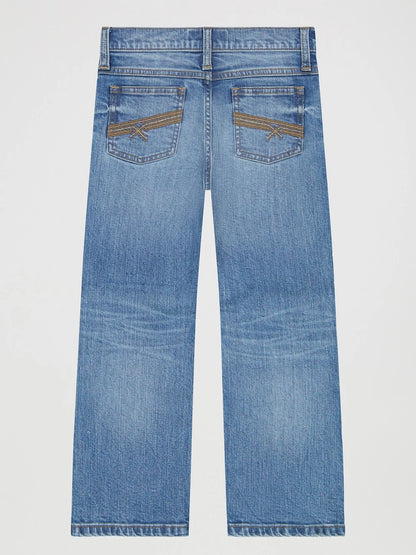Back view of light blue denim jeans with distinctive brown embroidered details on the back pockets, shown flat against a light gray background.