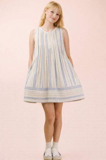 Striped Pintuck Detail Woven Mini Dress