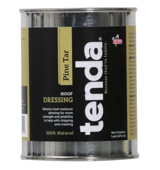 A can of Tenda Pine Tar Hoof Dressing, featuring a black label with gold and white text, set against a plain white background.