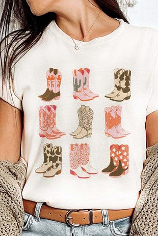 White Western Boots Print Round Neck T Shirt