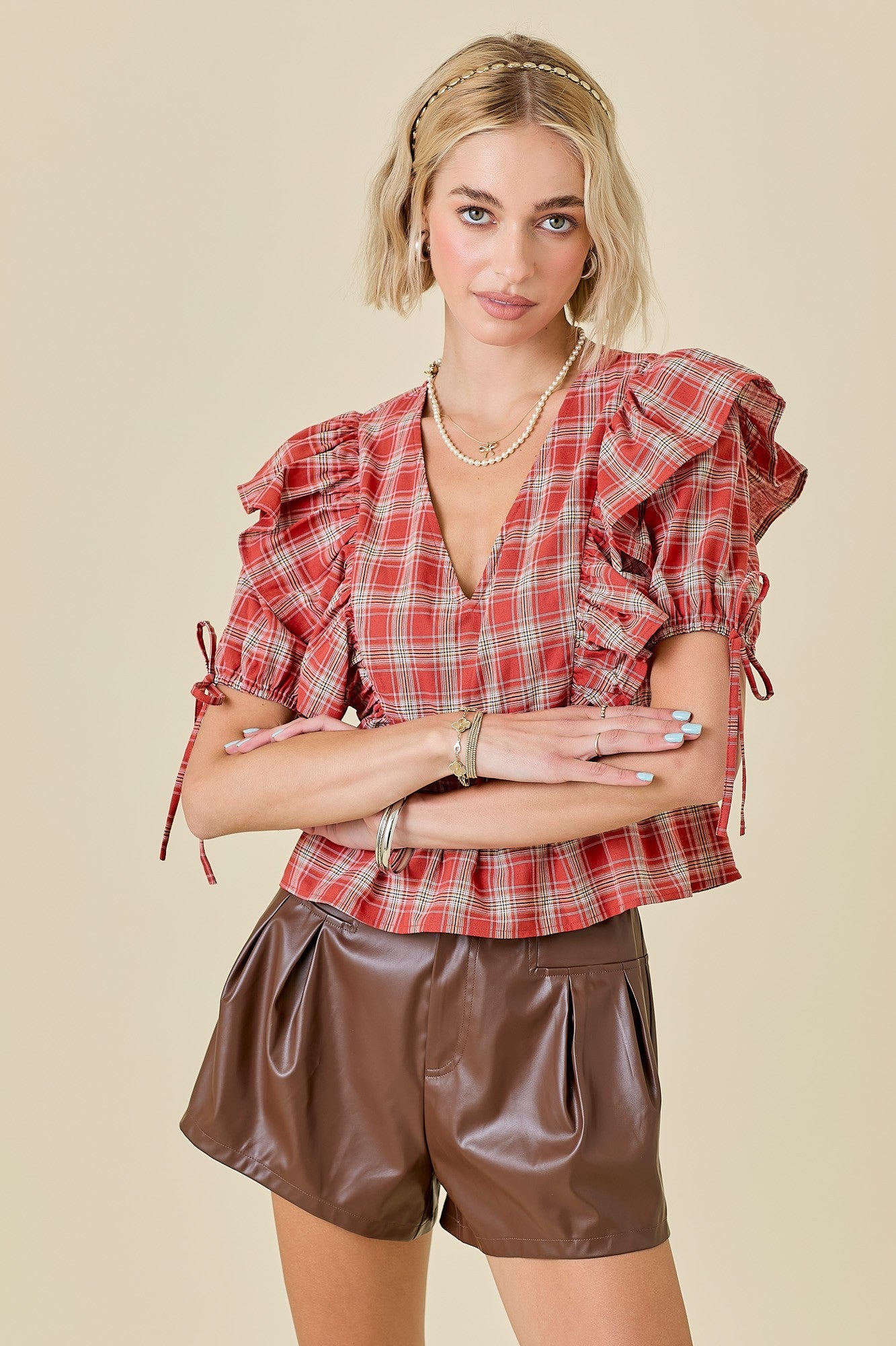Plaid Babydoll Top W/ Ruffle Detail And Puff Slvs