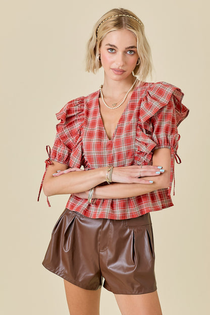 Plaid Babydoll Top W/ Ruffle Detail And Puff Slvs