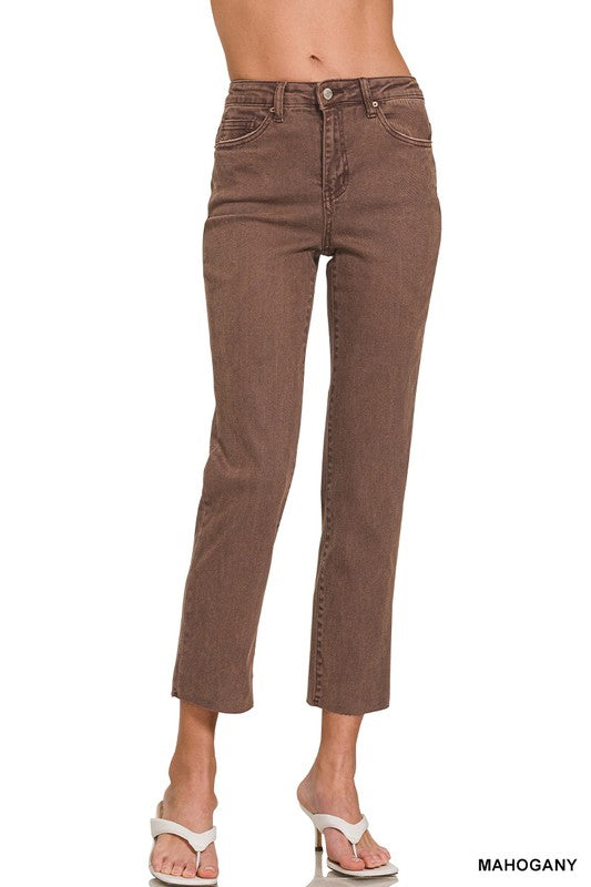 Acid Washed High Waist Cropped Straight Pants-BROWN
