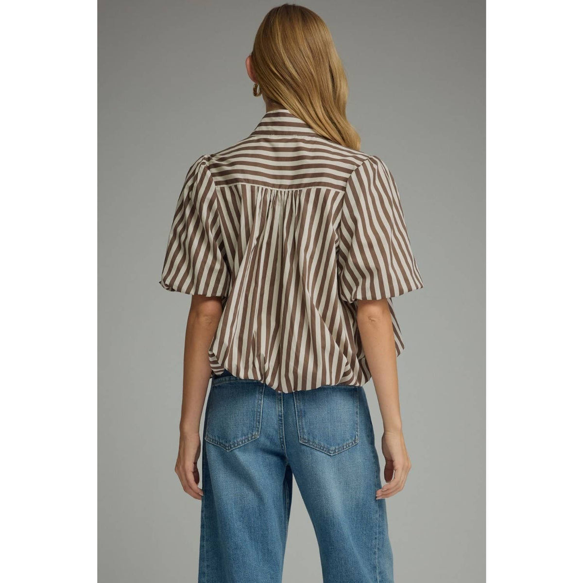 Stripe short puff sleeve top