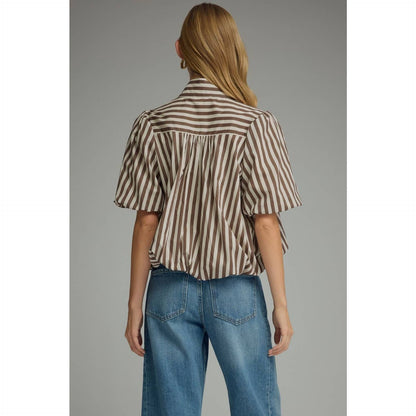 Stripe short puff sleeve top