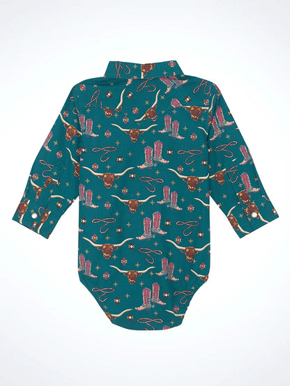 Teal baby bodysuit with western cow head, lasso, and cowboy boots print, long sleeves