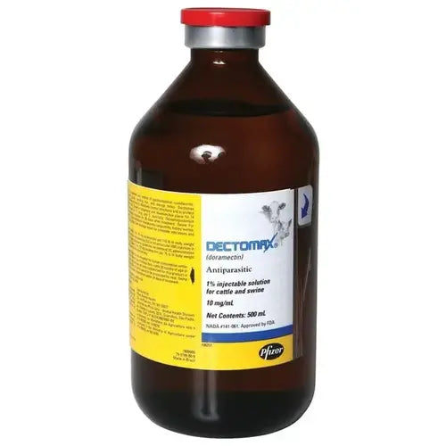 Dectomax antiparasitic solution bottle with a red cap on a white background