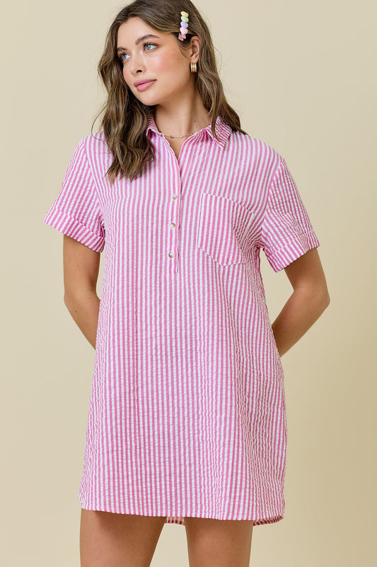 Striped Seersucker Easy Shirt Dress W/ Pockets