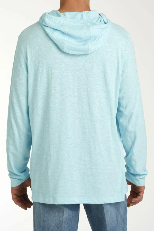 Light blue hoodie worn by a person on a white background