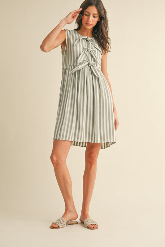 Sage Vertical Striped Front Bow Detail Mini Dress