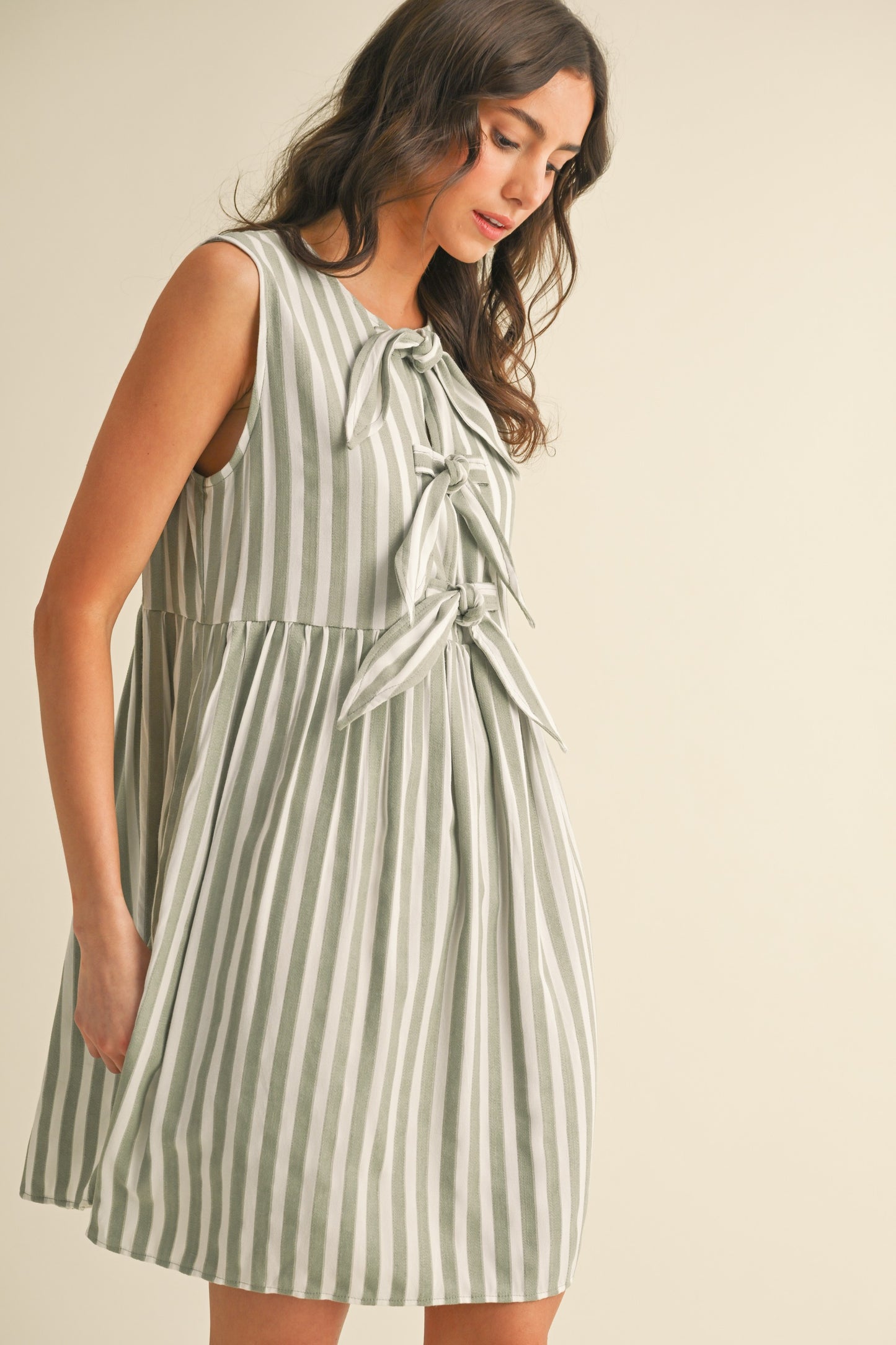 Sage Vertical Striped Front Bow Detail Mini Dress