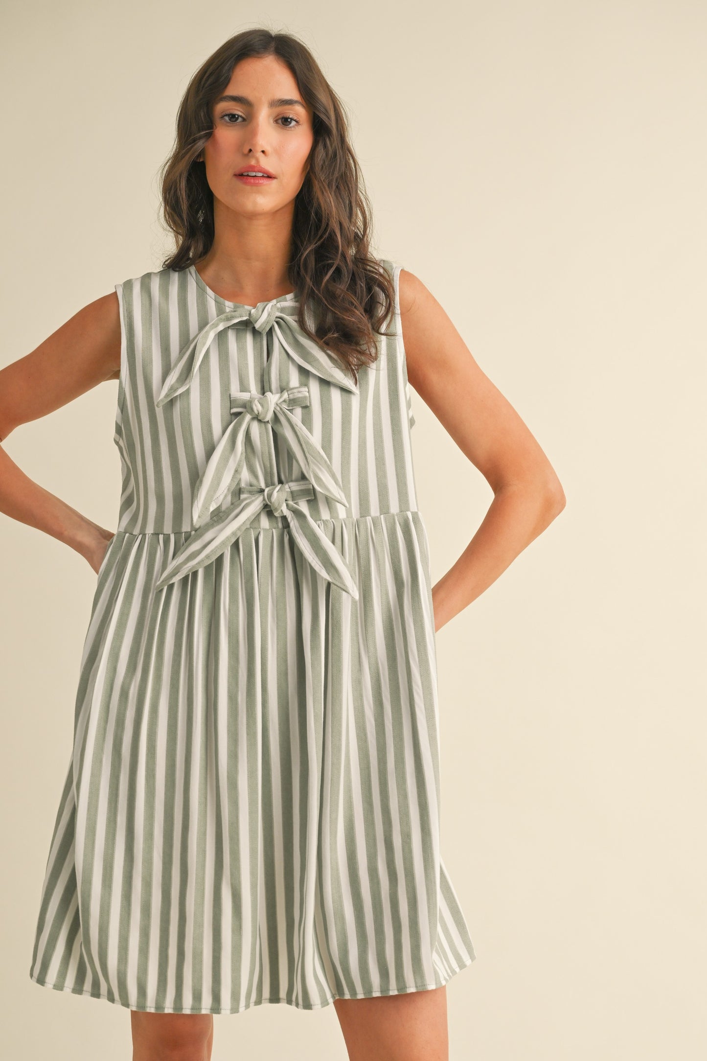 Sage Vertical Striped Front Bow Detail Mini Dress