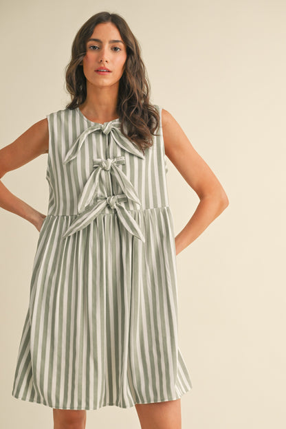 Sage Vertical Striped Front Bow Detail Mini Dress