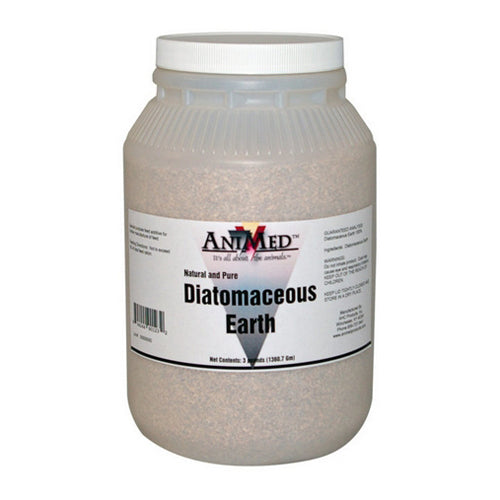 A large translucent plastic jar of Antimed Diatomaceous Earth with a white screw cap and a white label, shown against a plain white background.