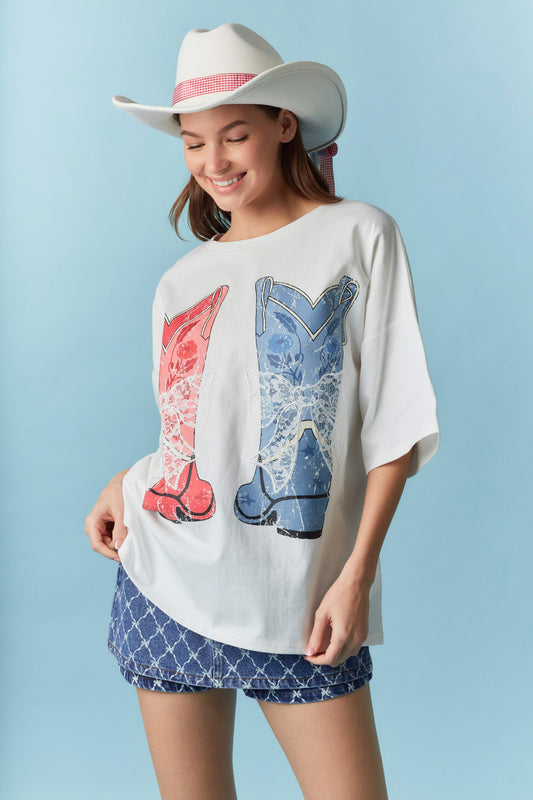 Peach Love California - Bow Laser Cut Lace Embroidery Detail T-shirt