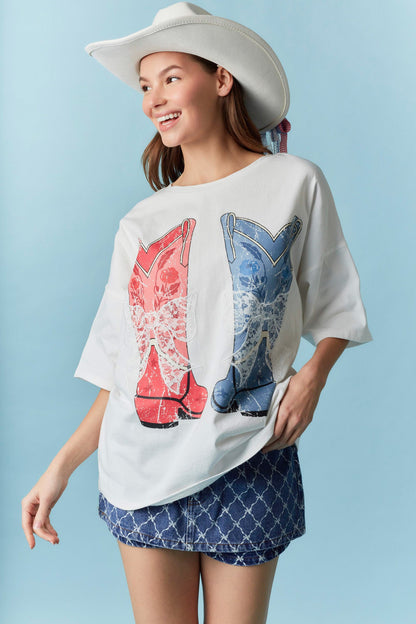 Peach Love California - Bow Laser Cut Lace Embroidery Detail T-shirt