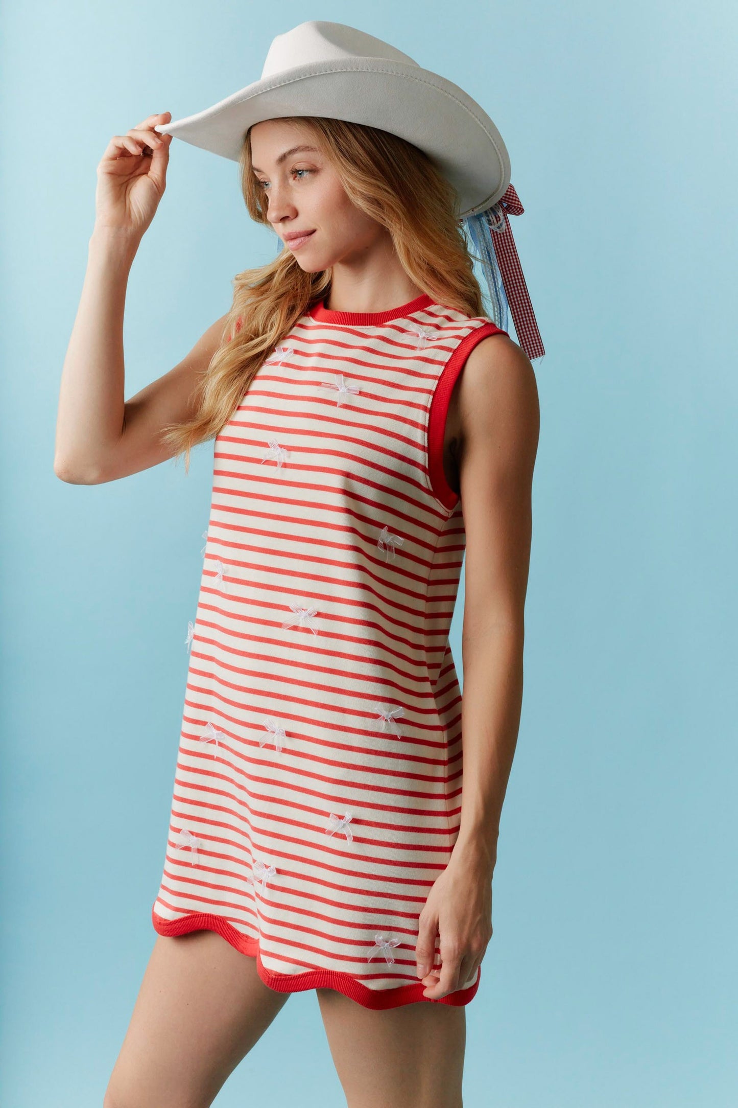 Peach Love California - Lace Bow With Wave Detail Striped Knit Mini Dress