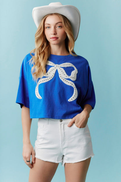Peach Love California - Rhinestone Studded Bow Embroidery Cotton Tee