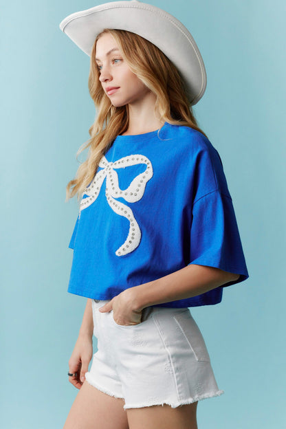 Peach Love California - Rhinestone Studded Bow Embroidery Cotton Tee