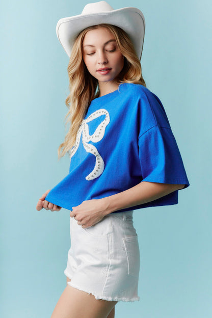 Peach Love California - Rhinestone Studded Bow Embroidery Cotton Tee