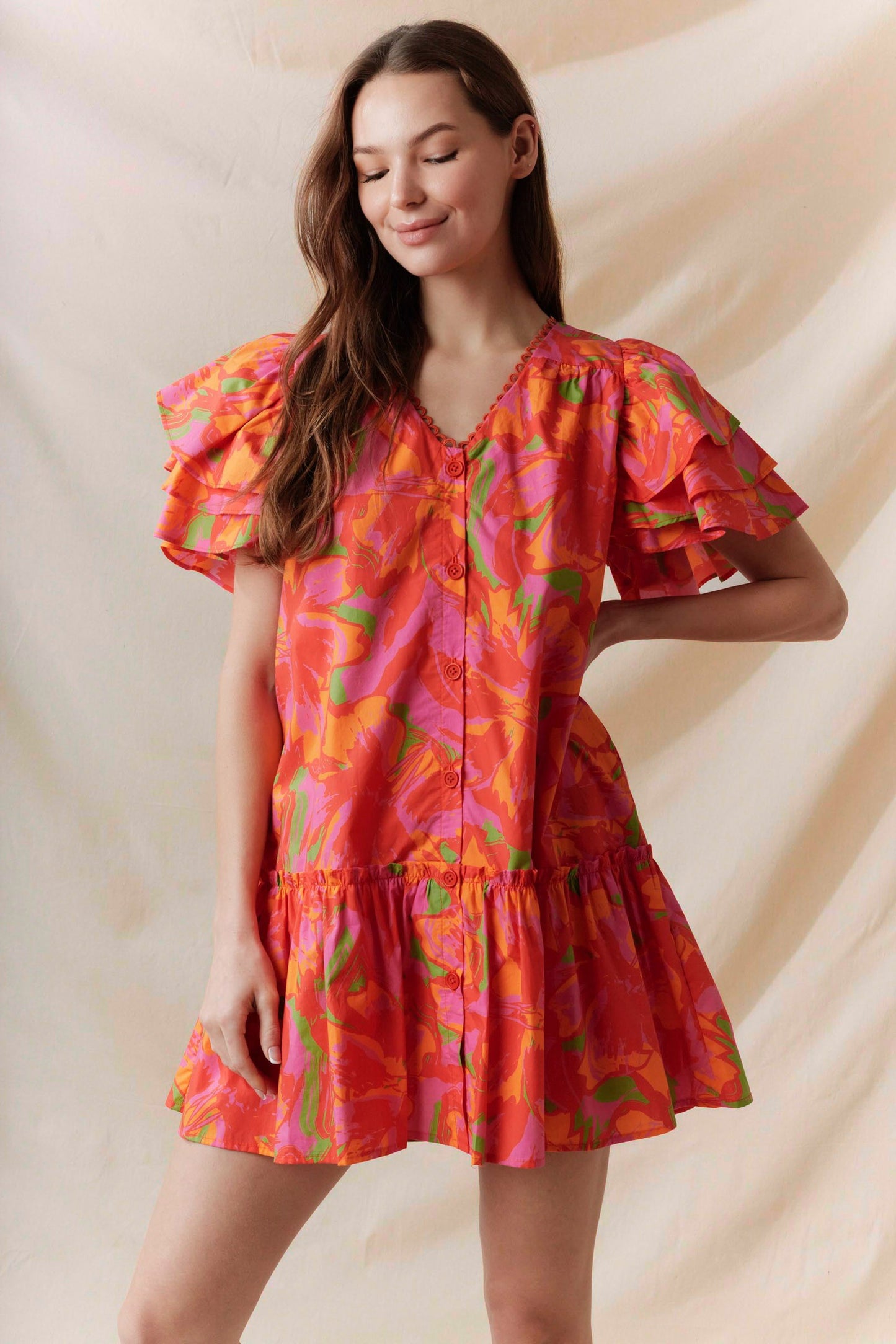 Ruffled Sleeve Button Down Tiered Dress