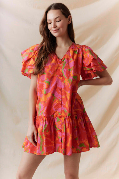 Ruffled Sleeve Button Down Tiered Dress