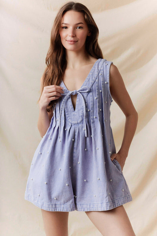 Pearl Detail Mineral Washed Denim Romper