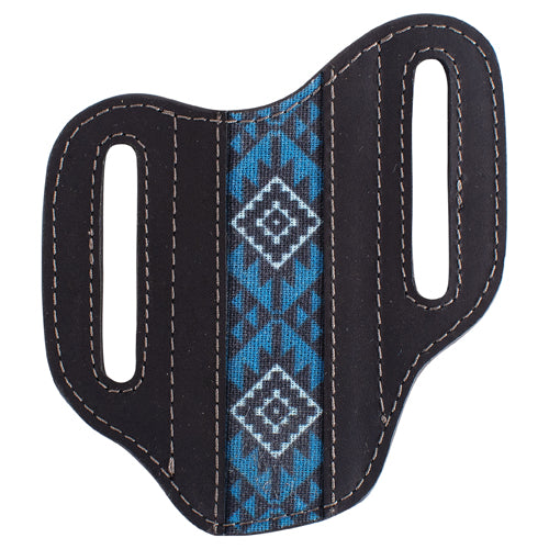 Black leather holster with blue pattern on a white background