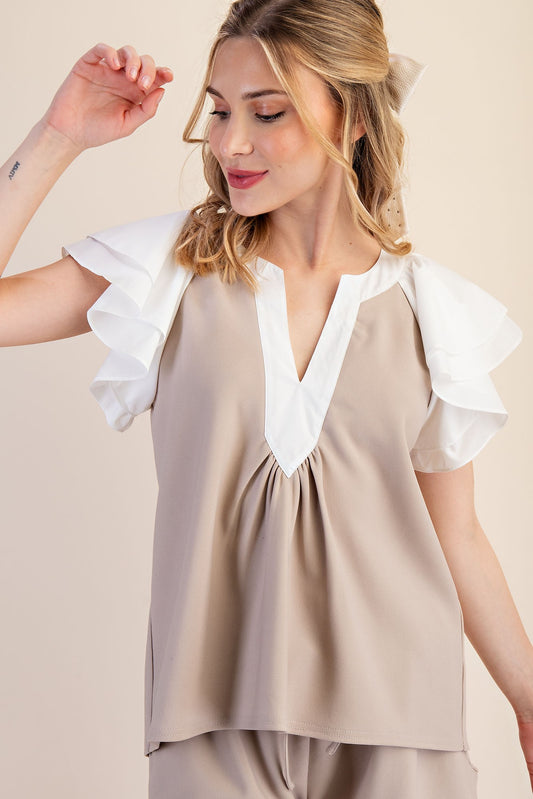 V-neck Ruffle Sleeve Contrast Top