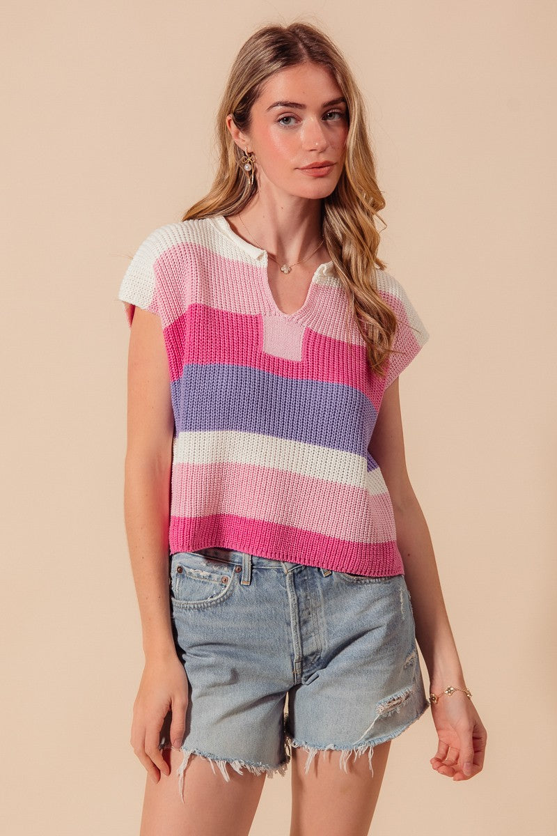 Multi Color Stripe Loose Fit Sleeveless Sweater Top