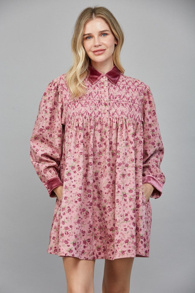 Zigzag Emb Smocked Bodice Detail Floral Print