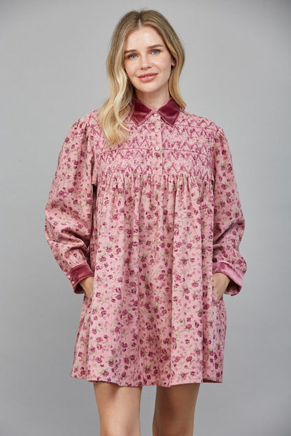 Zigzag Emb Smocked Bodice Detail Floral Print