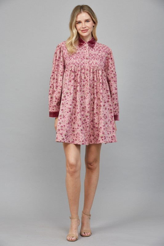 Zigzag Emb Smocked Bodice Detail Floral Print