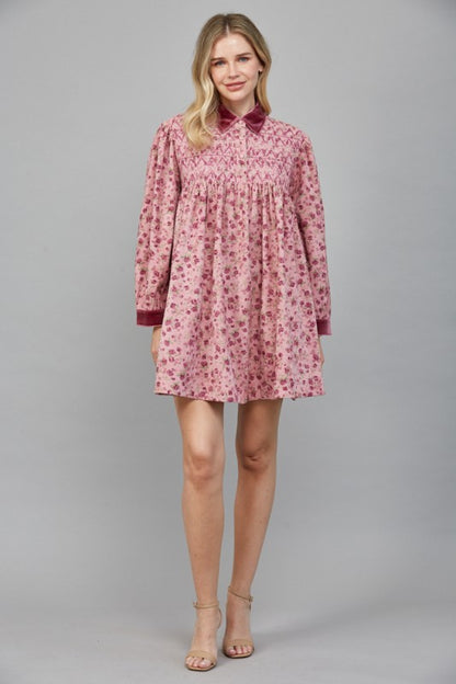 Zigzag Emb Smocked Bodice Detail Floral Print