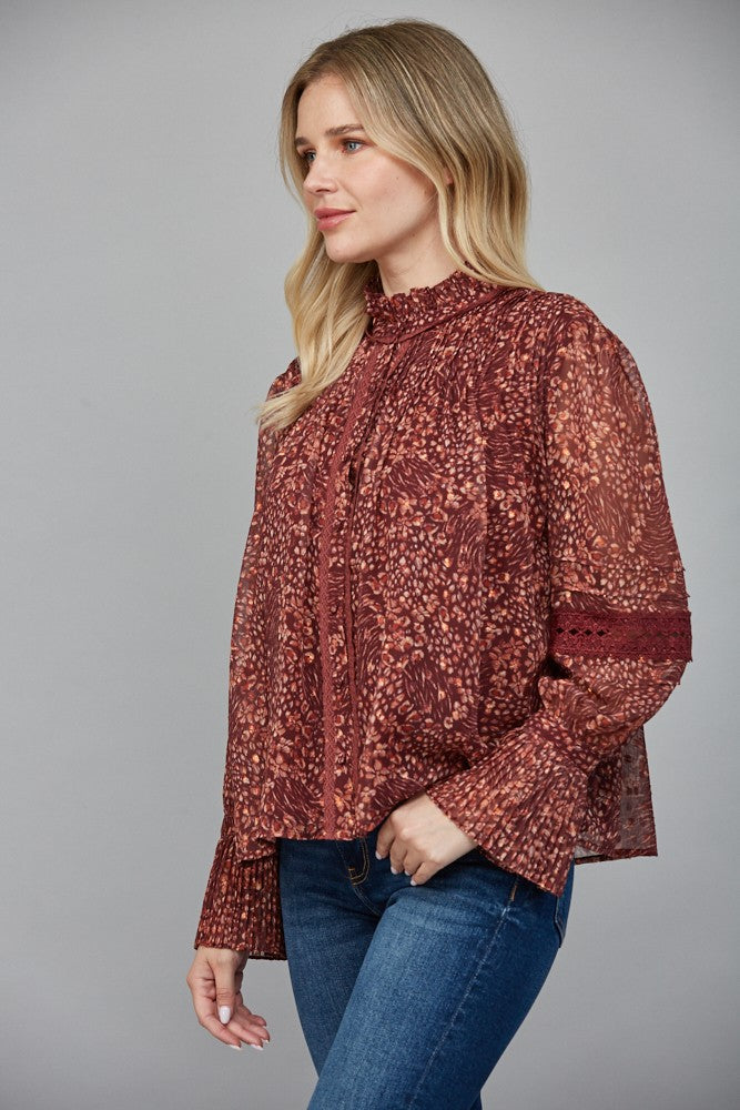 Floral Print Lurex Chiffon Lace Trimmed Blouse