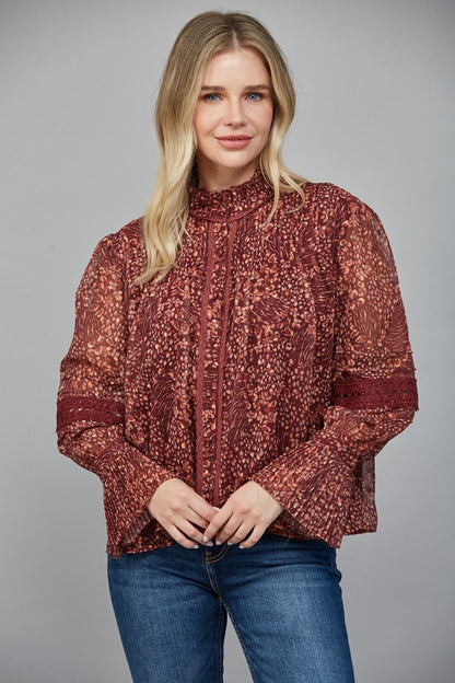 Floral Print Lurex Chiffon Lace Trimmed Blouse