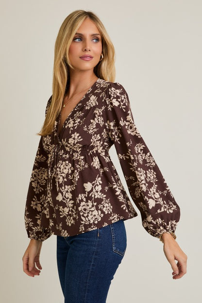 V-neck Front Tie Long Sleeve Flare Hem Floral Top