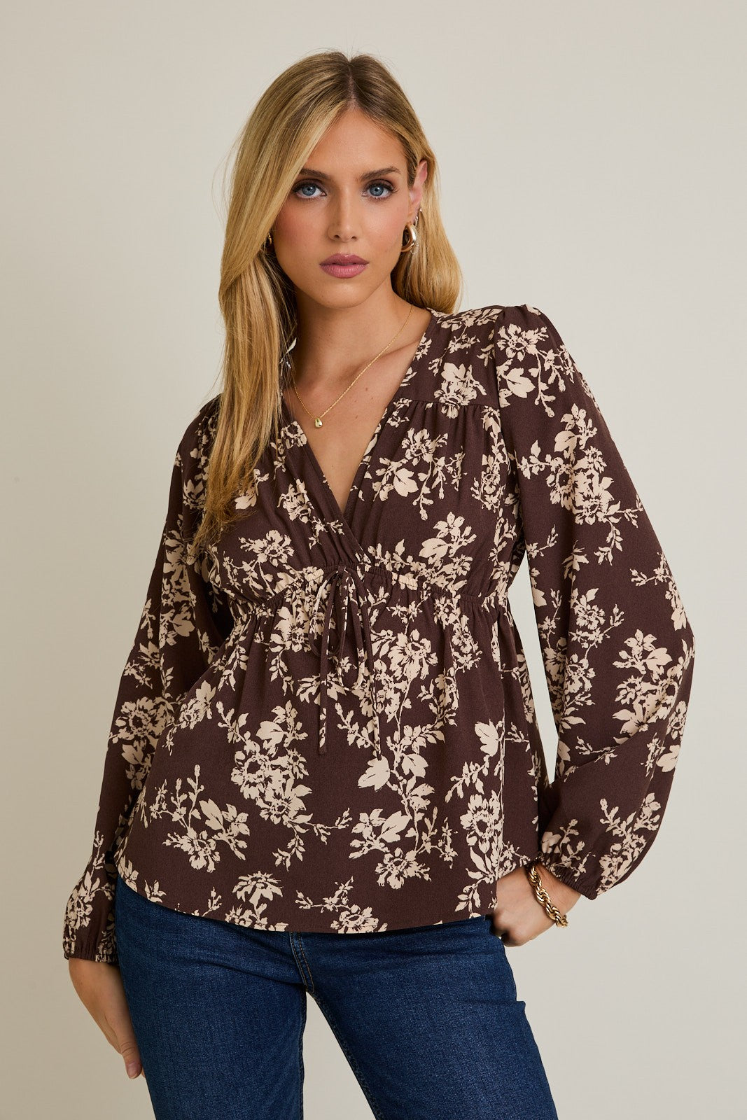 V-neck Front Tie Long Sleeve Flare Hem Floral Top