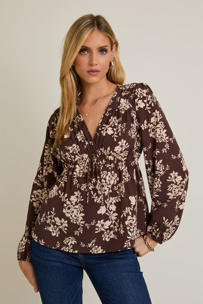 V-neck Front Tie Long Sleeve Flare Hem Floral Top