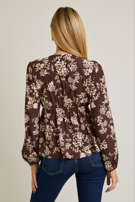 V-neck Front Tie Long Sleeve Flare Hem Floral Top