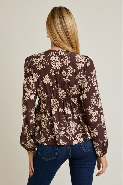 V-neck Front Tie Long Sleeve Flare Hem Floral Top