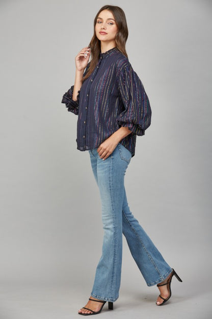 Metallic Stripe Ruffled Stand Collar Voluminous