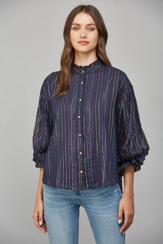 Metallic Stripe Ruffled Stand Collar Voluminous