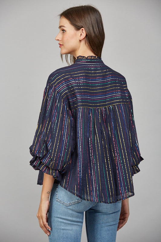 Metallic Stripe Ruffled Stand Collar Voluminous