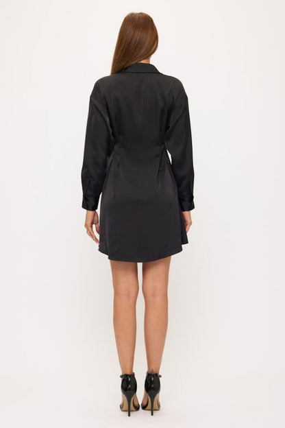 Collared Satin Mini Dress With Pleated Detail