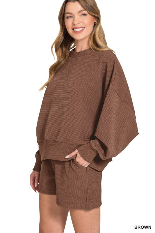 Ribbed Round Neck Pullover & Shorts Set