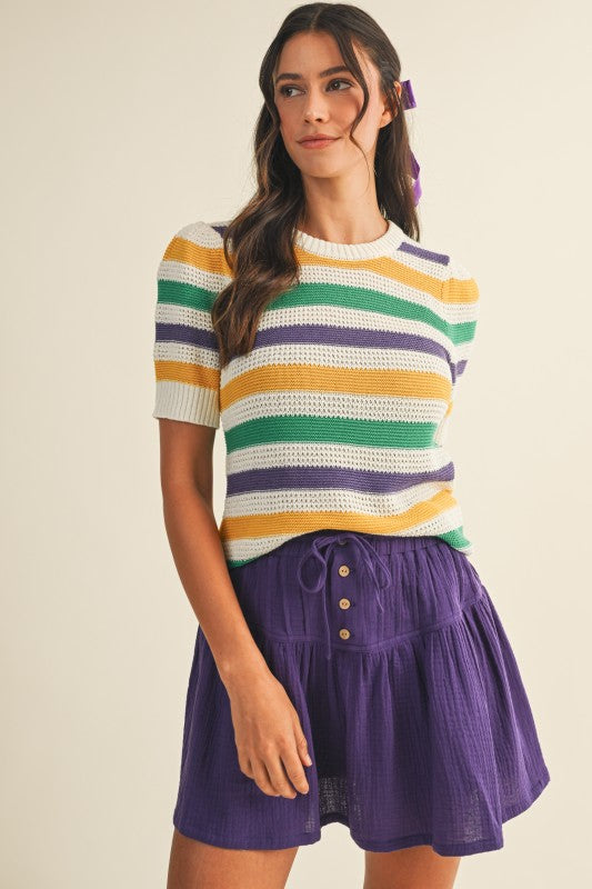 Mardi Gras Multi Color Stripe Pointelle Sweater