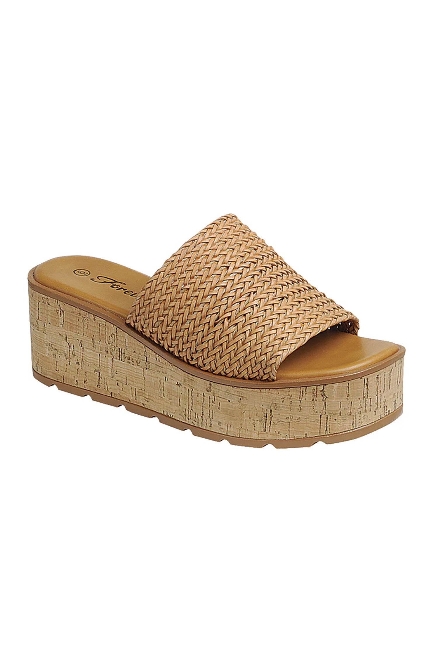 Beige woven sandal with cork platform on a white background